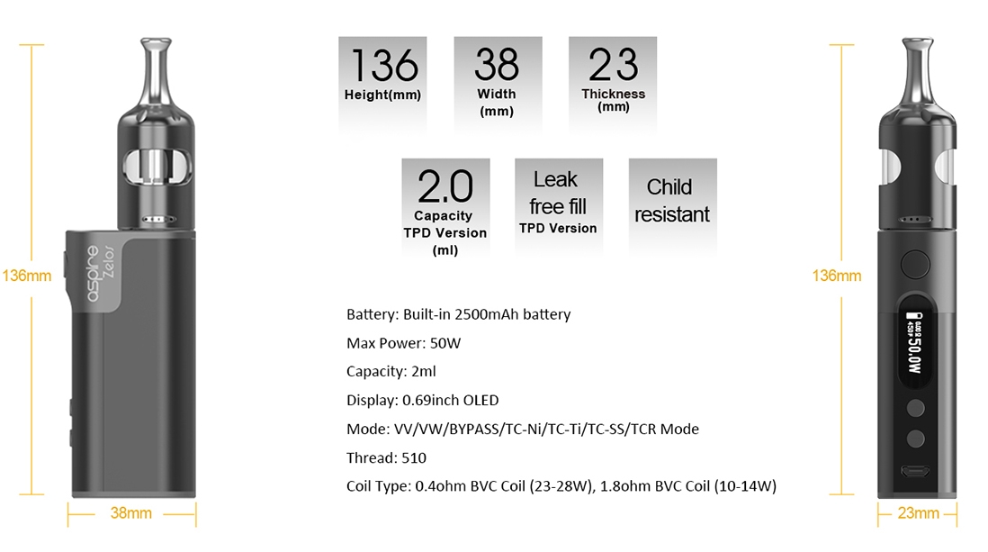 Aspire Zelos 50W 2.0 Kit Parameter