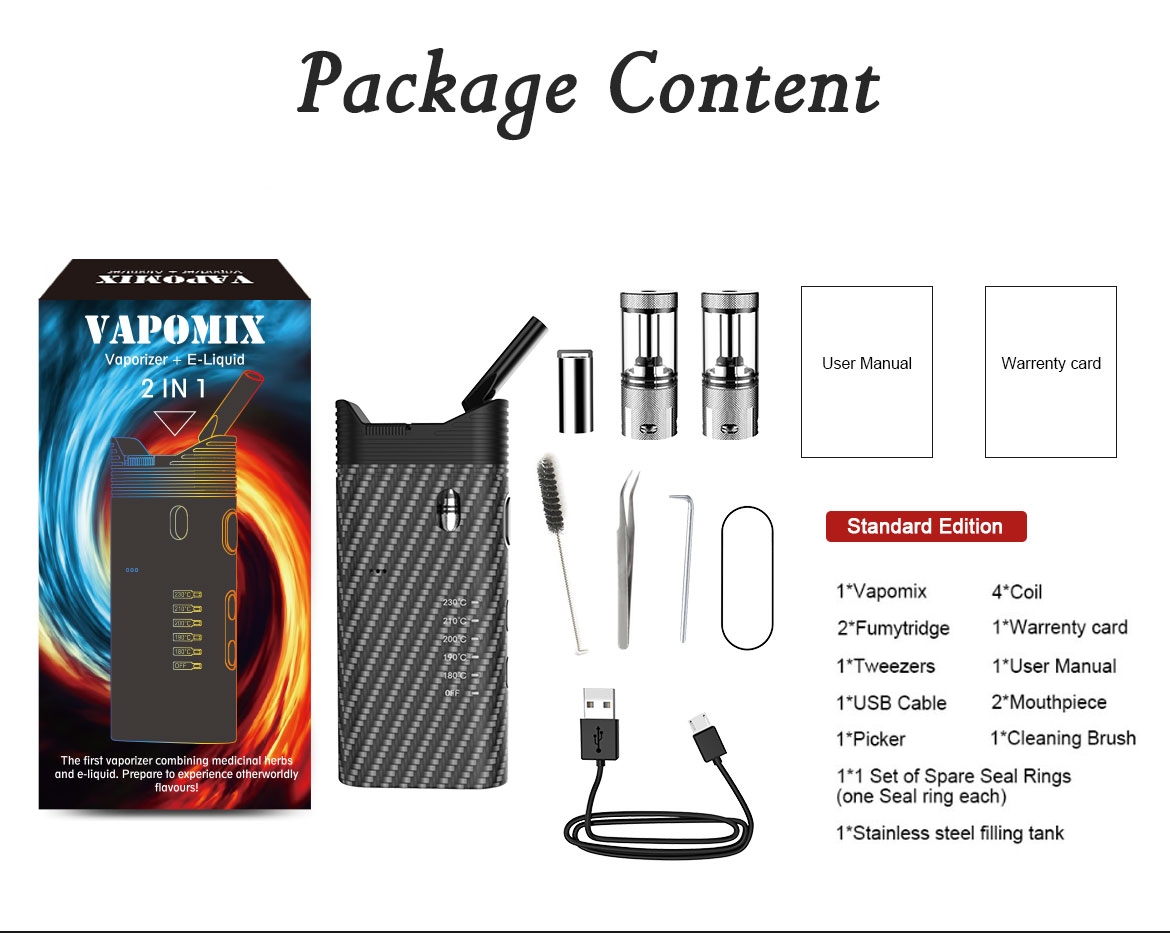 Fumytech Vapomix 2 in 1 Starter Kit Packing List