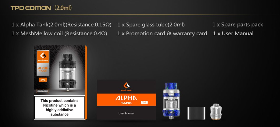 Geekvape Alpha Tank 2ml TPD Edition Packing List