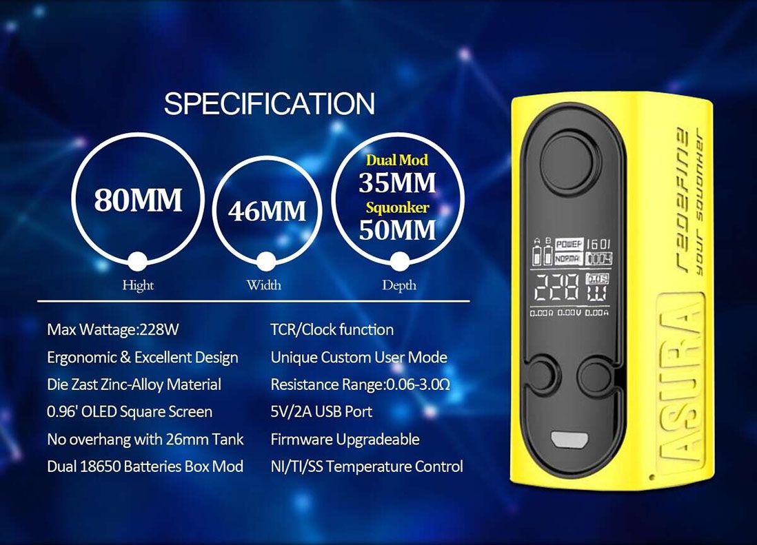 Hugo Vapor Asura 228W 2-in-1 TC Box & Squonk Mod Parameter Hugo Vapor Asura 228W 2-in-1 TC Box & Squonk Mod Parameter