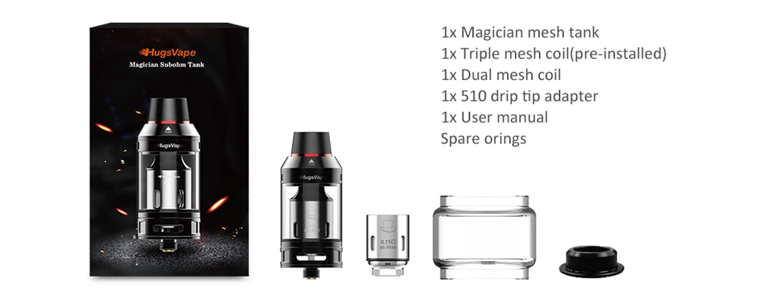 HugsVape Magician Mesh Subohm Tank Packing List HugsVape Magician Mesh Subohm Tank Packing List