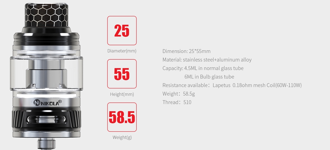 Nikola Lapetus Sub Ohm Tank parameters