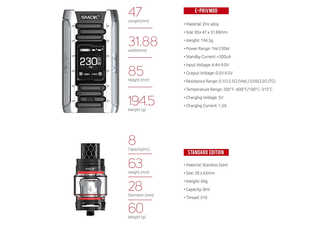 SMOK E-Priv Mod Parameter and TFV12 Prince Tank Parameter