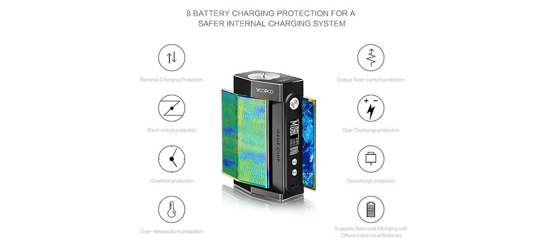 VOOPOO TOO TC 180W Box Mod Features 8 battery charging protections