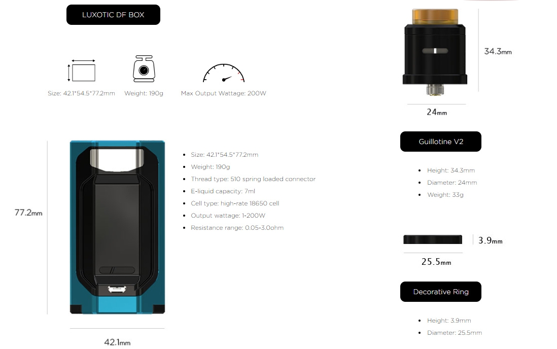 Wismec LUXOTIC DF BOX with Guillotine V2 Kit Parameter Wismec LUXOTIC DF BOX with Guillotine V2 Kit Parameter