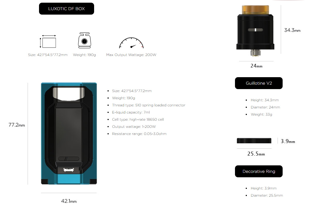 Wismec LUXOTIC DF BOX with Guillotine V2 Kit Parameter