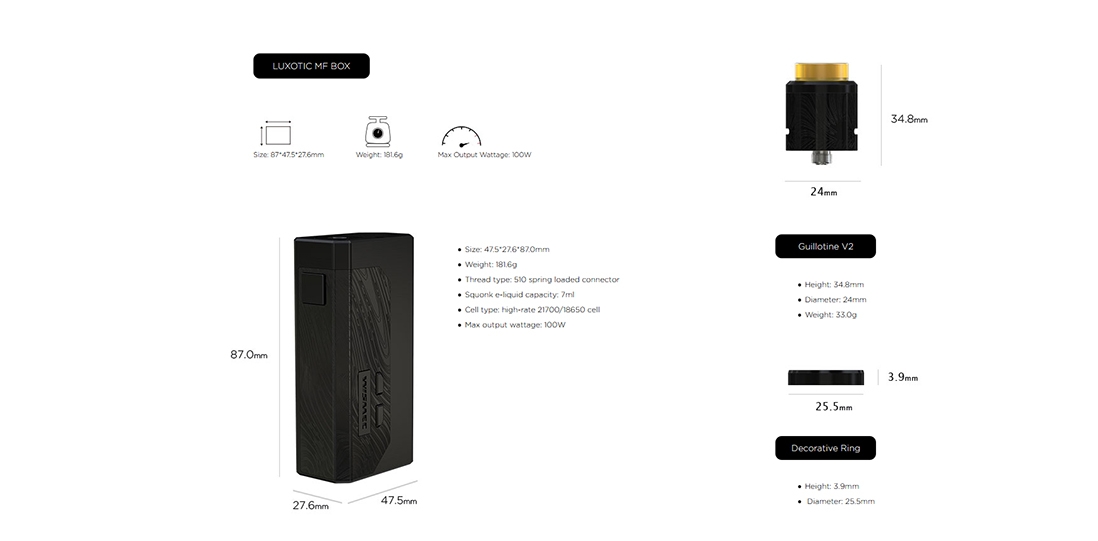 Wismec LUXTIC MF BOX Mod and Guillotine V2 RDA Parameter