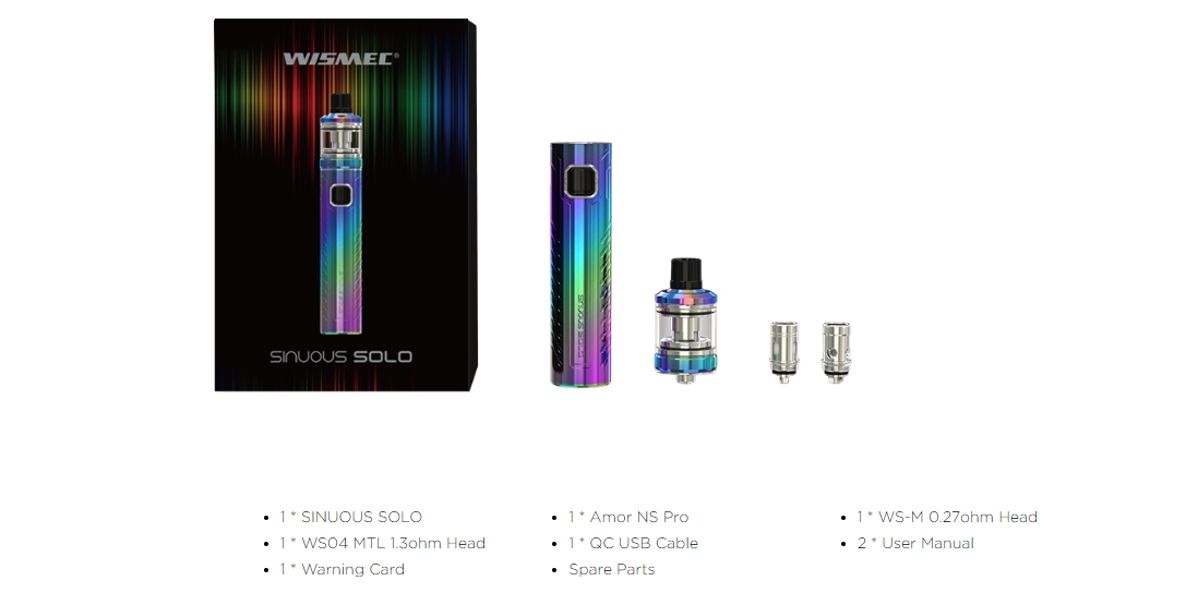 Wismec SINUOUS SOLO with AMOR NS Pro Kit Packing List Wismec SINUOUS SOLO with AMOR NS Pro Kit Packing List